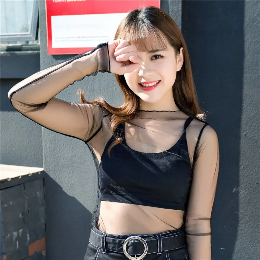 

Fashion See-Through Lace T Shirt Long Sleeve Mesh Fishnet Mesh Ladies Tops Floral Sheer Black Transparent T-shirt Women Girls