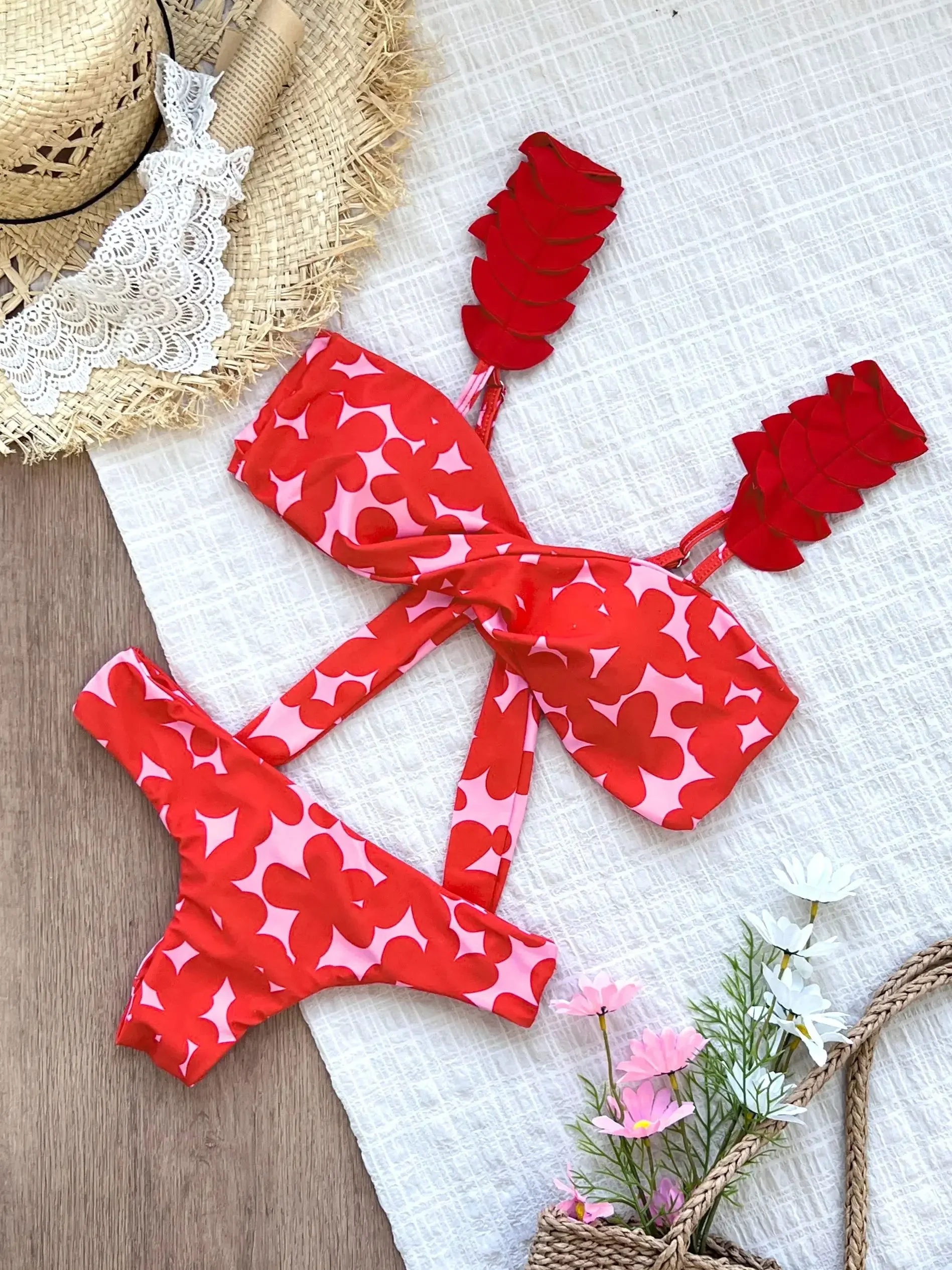 2025 heißer Verkauf Schulter Rüschen Bikini Frauen Badeanzug Sexy Mode Rot Druck Biquini Dame Badeanzug Bademode Weibliche Bademode