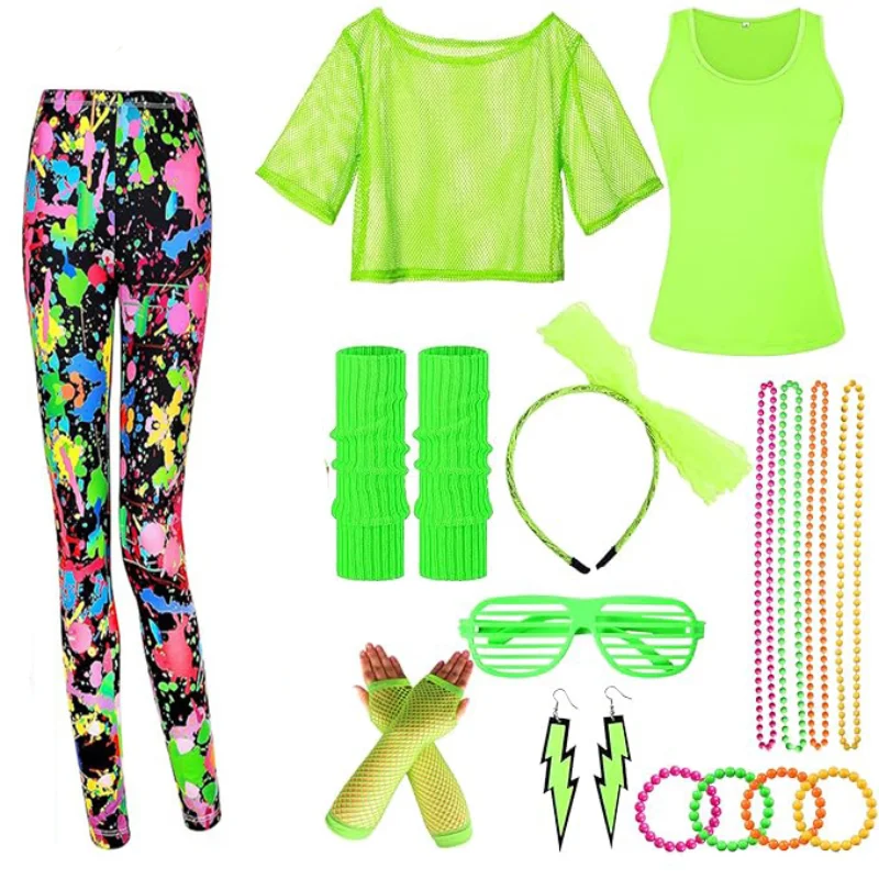 10Pcs/set Women 80s Fancy Workout Costume 80s Accessories Set Neon Mesh T-shirt Leg Warmers Gloves Earrings Necklace Fanny Pack