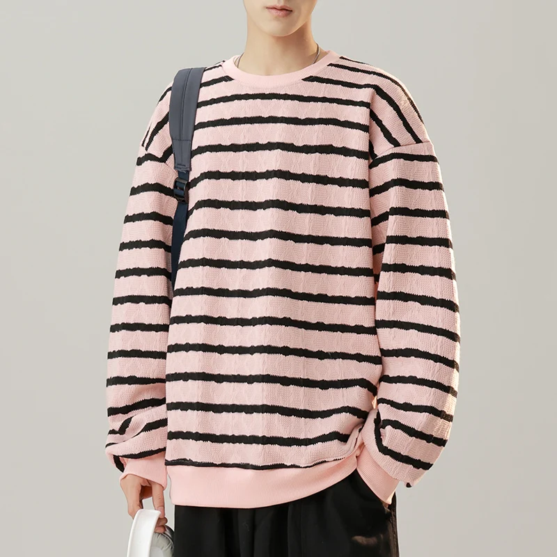 

Осенне-зимний полосатый свитер свободного кроя с круглым вырезом для пар, мужской, в корейском стиле, свободный, повседневный, модный, с цветовыми блоками
