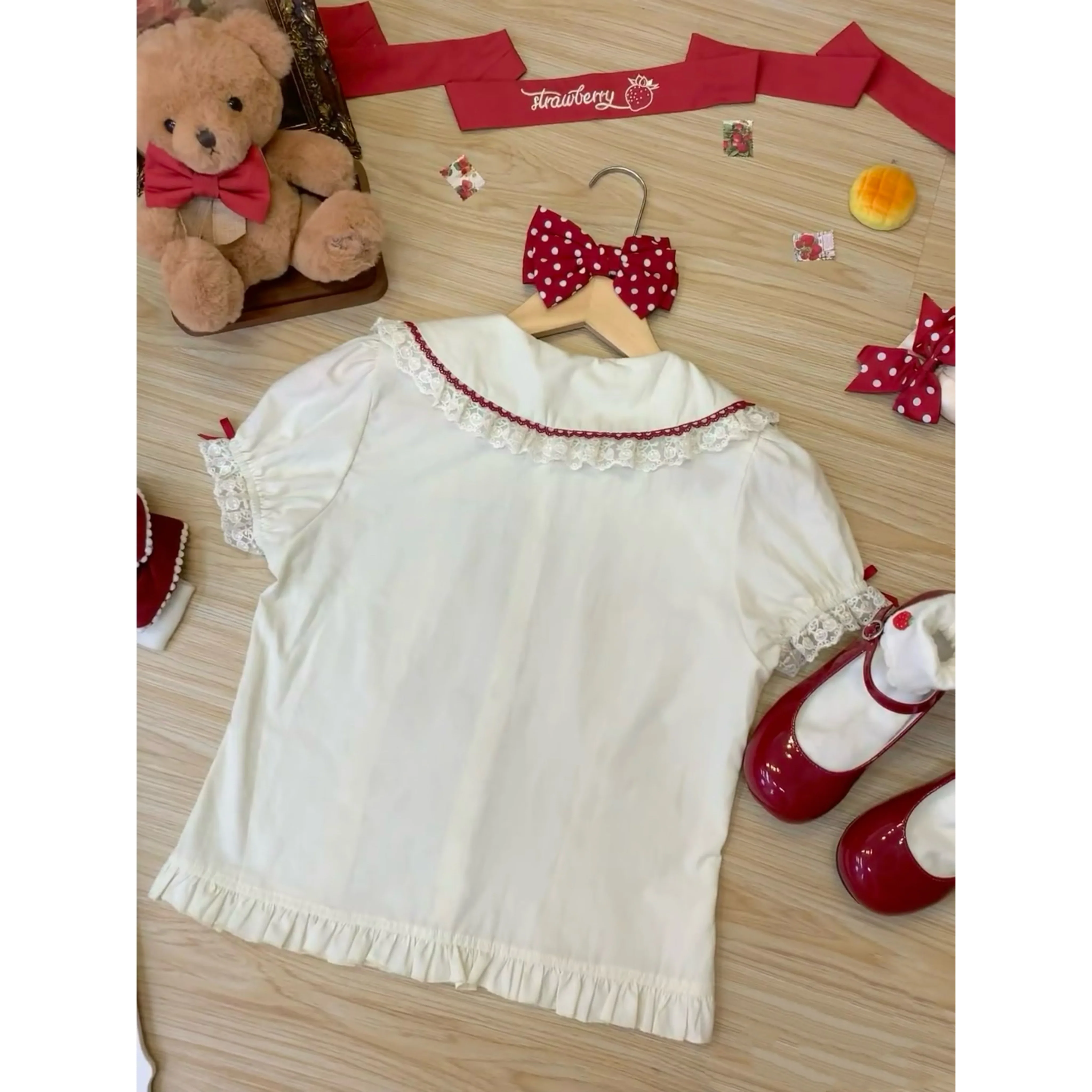 Sweet Strawberry Embroidered Lolita Inside Shirt Summer Soft Girls Kawaii Slim-Fit Short Sleeve Bottom Top Lori Lo Y2k Blouses