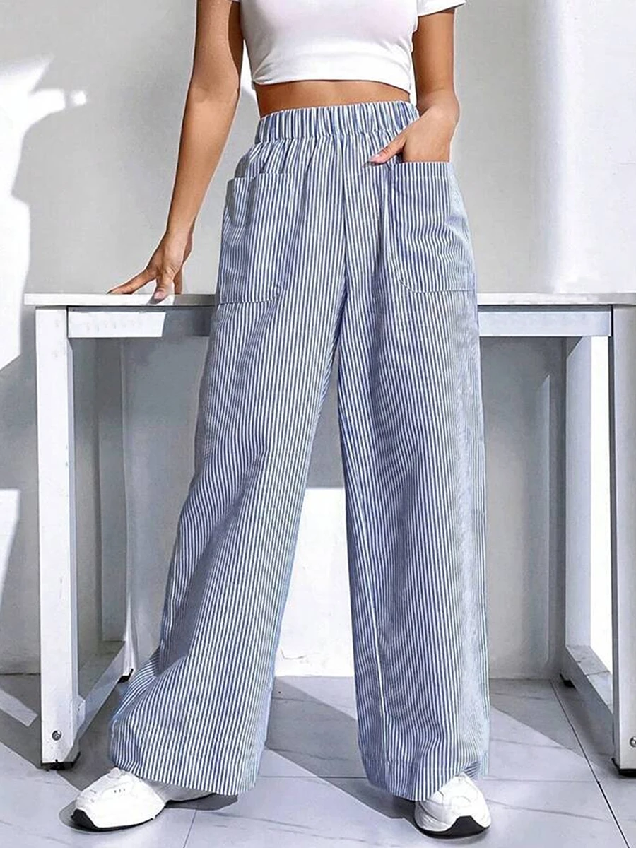 

Women's Casual Wide Leg Pants Elastic Waist Striped Print Front Pockets Lounge Pants Female Spring Fall Cozy Going Out Trousers