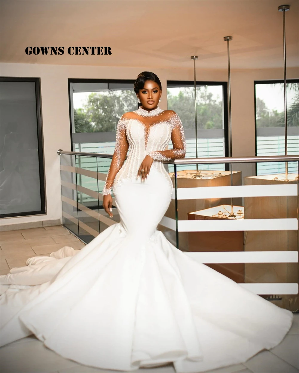 

African Beaded Mermaid Long Sleeve Wedding Dress For Women 2024 Bride Long Sleeve Corset Bridal Dresses Tulle Train Customized