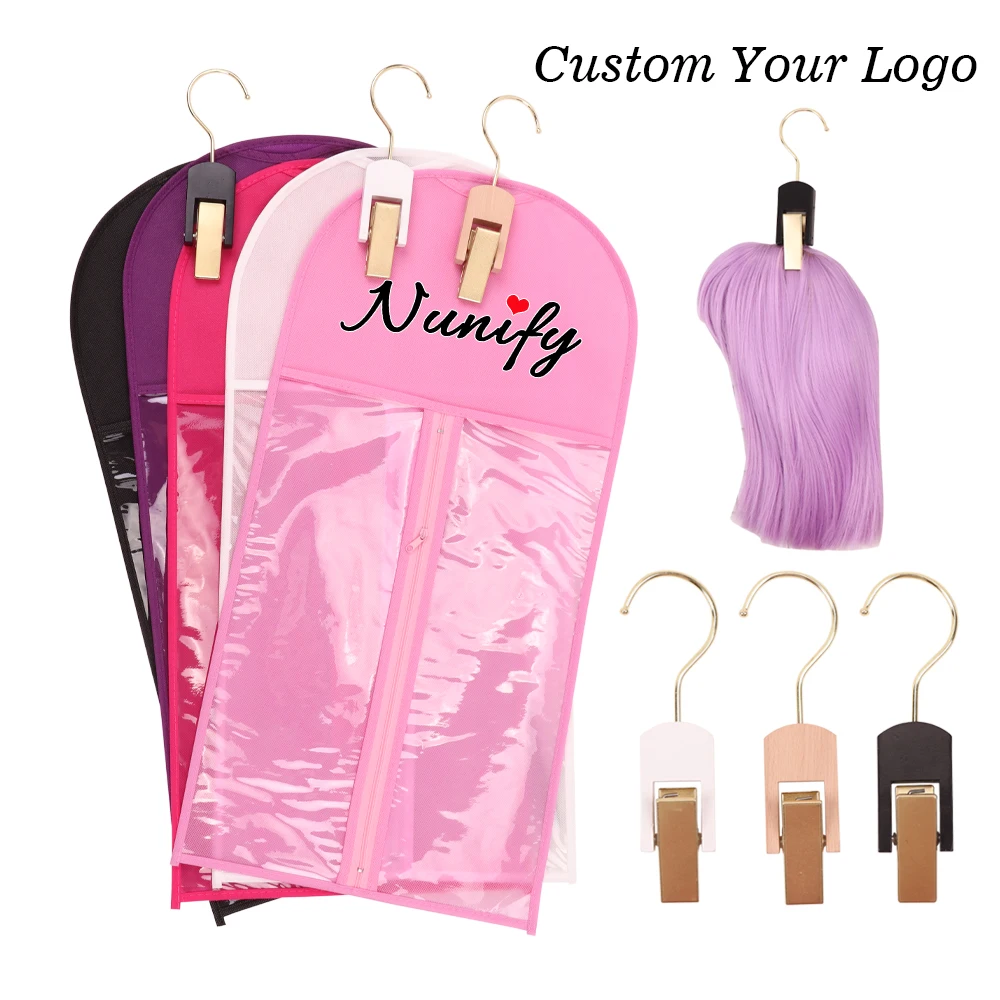 

Nunify Personalized Non-Woven Wig Storage For Multiple Wigs 12pcs Hair Bags With Wooden Hangers Custom Logo Wig Packaging Bags
