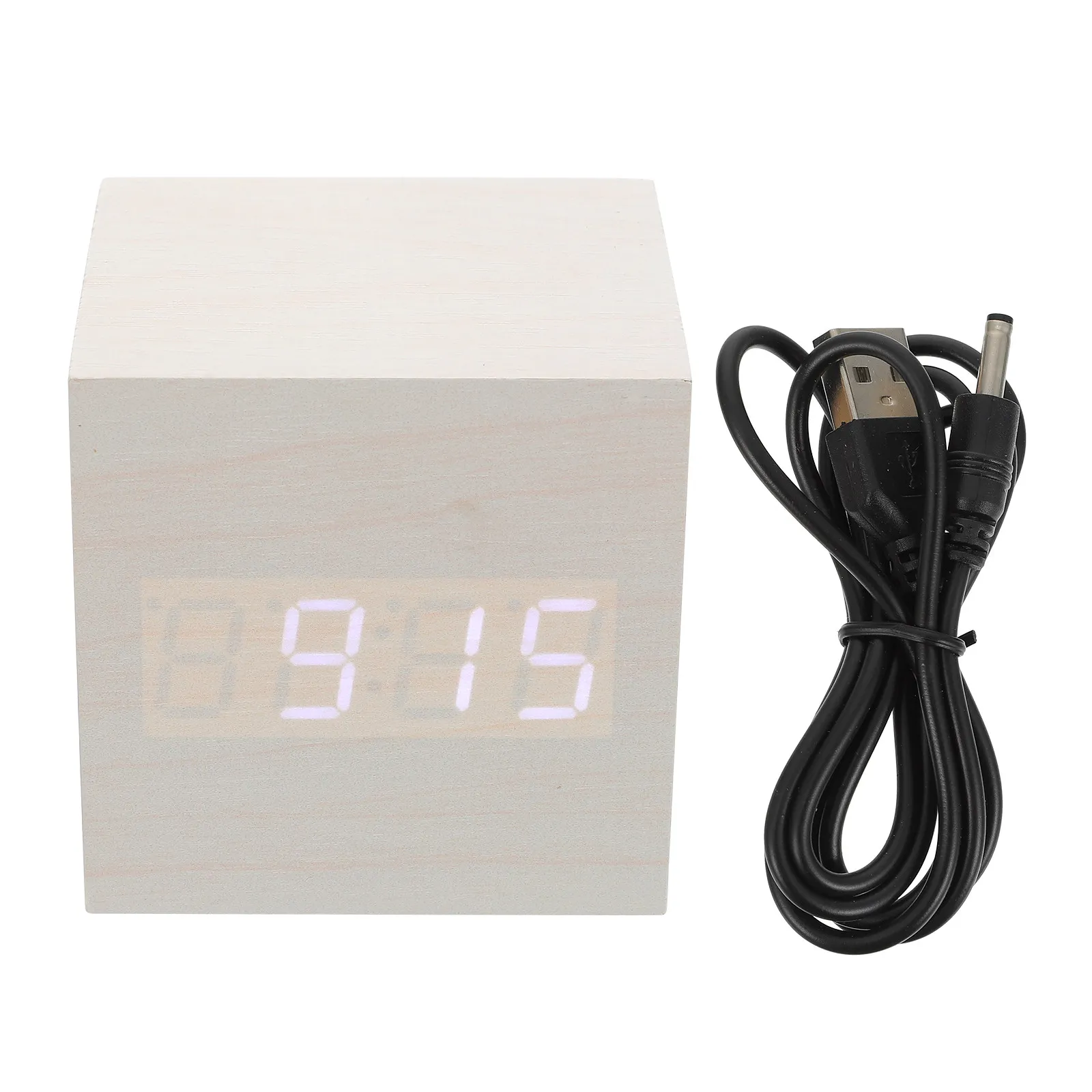 1Pcs Square Wood Alarm Clock LED Digital Display Multi-Function Clock Temperature Display Bedside Decor Glowing Clocks