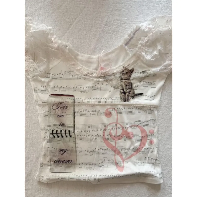 

Cat Lace Tops&Tees Top Girl Music Symbol Print Letter Y2K Japan Kawaii Korea Sweet Harajuku Lace Splicing Strap Top Vest Tee New