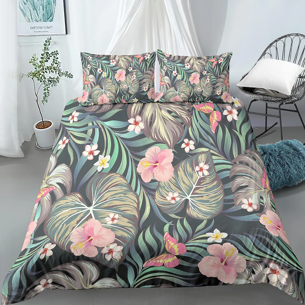 

Leaves And Flowers Duvet Cover Set King Size Palm Leaves Pink Floral Print Quilt Cover For Girl Boy Polyester 2/3pcs Bedding Set