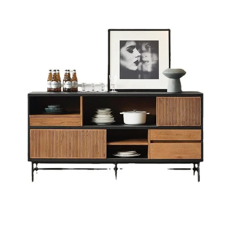 레트로 컬러 매칭 티크 원목 다이닝 사이드 캐비닛, 거실 중세 와비사비 스타일 가정용 차 그릇 캐비닛