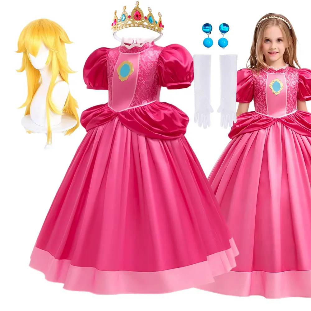 

Girl Video Game Princess Dress Delicate Lace Floral Print Carnival Peach Role Play Costume Kid Galaxy Adventure Movie Apparel