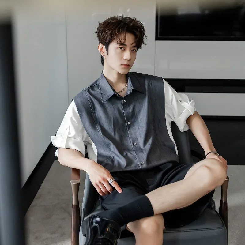 Summer Men's Short Sleeve Shirt Stripe Pattern Patchwork Design Fake Two Layer Look Casual Style Comfortable