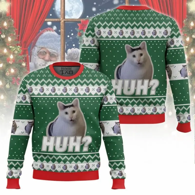 Huh Cat meme عيد الميلاد سترة قبيحة للبالغين شتاء دافئ هدية عطلة عيد الميلاد حفلة الجدة عيد الميلاد البلوز حجم كبير البلوز