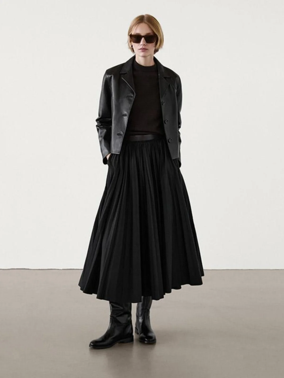 Ele Bla Skórzana i Plisowana Spódnica o Kroju A-Line z Średnim Stanem, Idealna do Pracy, dla Kobiet, Nowość na Jesień i Zimę