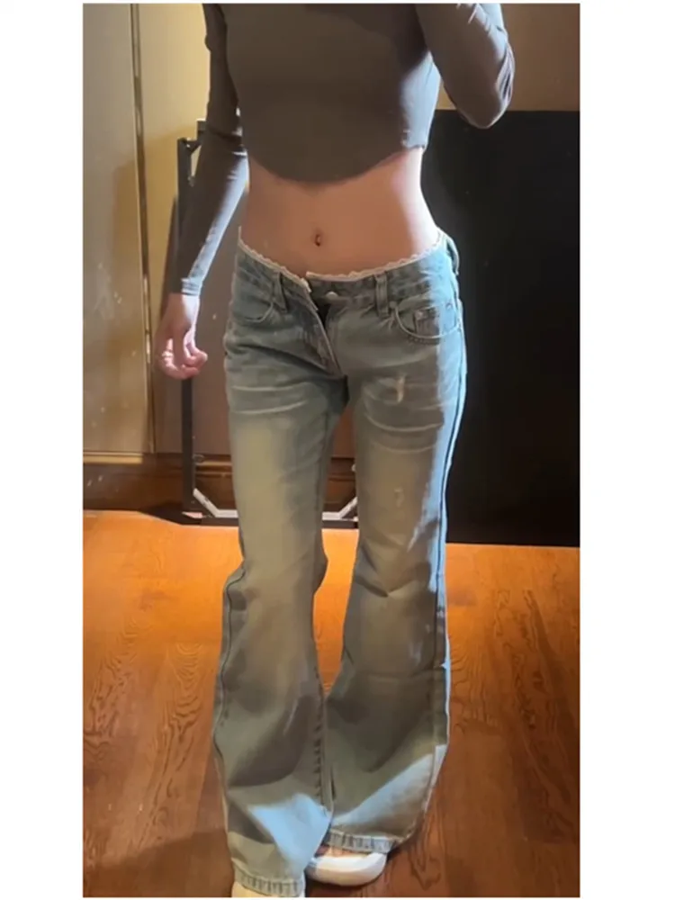 

Retro American Vibe Light Blue Low Waist Flared Jeans Women's Spring Slimming Lace Trim Floor-Length Pants