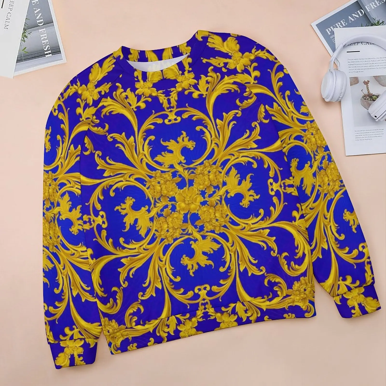 Baroque Floral Hoodies Blue and Gold Hip Hop Oversized Hoodie Ladies Long Sleeve Y2k Design Casual Clothing