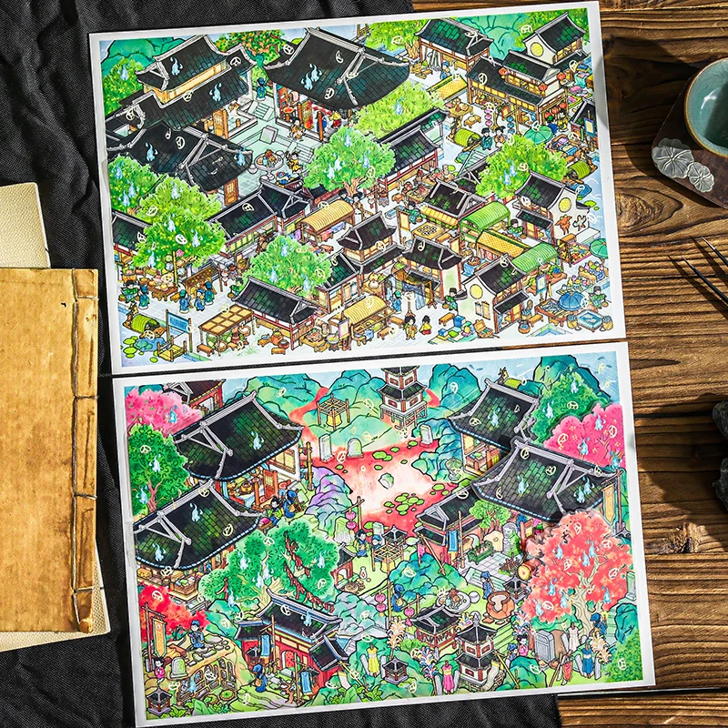 سلسلة رعب صغيرة ملصقات مناظر طبيعية كبيرة جدًا مكونة من 4/6 قطعة Liaozhai Zhiyi تحت عنوان مشهد مصغر أدوات مكتبية مزخرفة