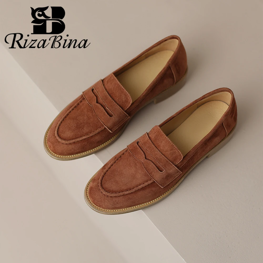 

RIZABINA New Women Flats Shoes Spring New Suede Leather Slip On Loafers Shoes Lady Daily Office High Quality Flat Shoes Handmade