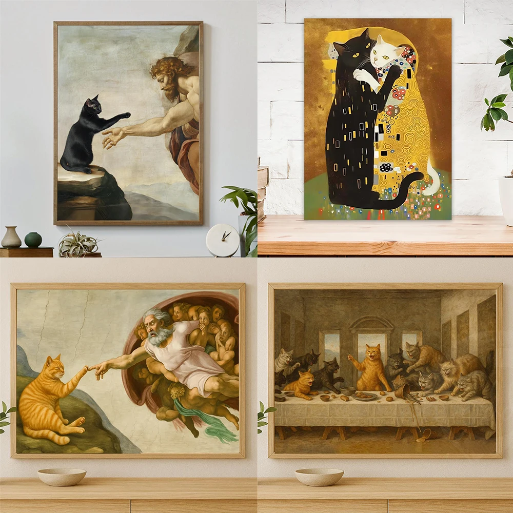

Funny Creation of Adam with Orange Cat Wall Print Decor Classical Art Canvas Painting Living Room Van Gogh Bedroom Black Cat Art
