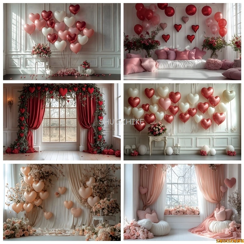 

Happy Valentine's Day Photography Backdrop Heart Shaped Balloon Rose Romantic Veil Proposal Party Decor Photography Studio