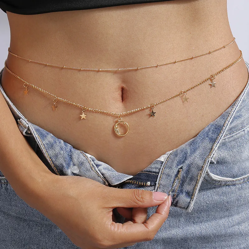 Aihua Double Layer Stars Moon Pendant Waist Chain for Women Simple Body Chain Summer Beach Waist Jewelry Accessories Waistband