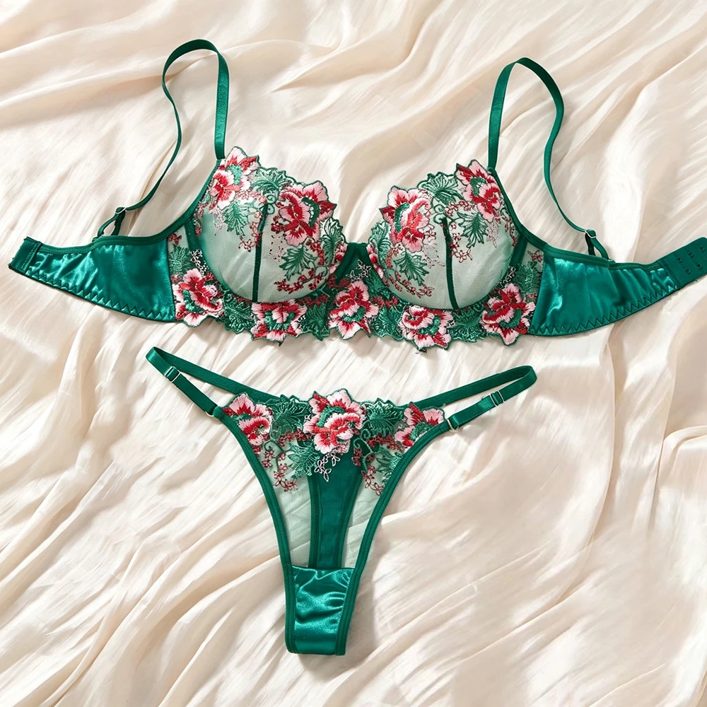 Women Green Satin Lingerie Set Floral Embroidery Mesh Underwear Sexy Three-Point Intimates Underwire Transparent Bra Panty Set