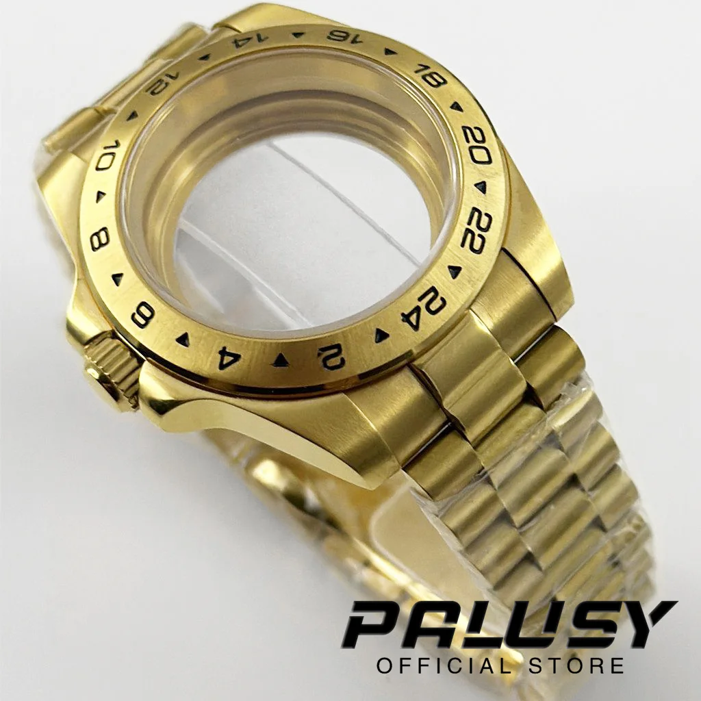 Gold EXP 24 Stunden 40 mm feste Lünette Uhrengehäuse Edelstahlarmband Saphirglas für NH34 NH35 NH36 ETA2824 Uhrwerk