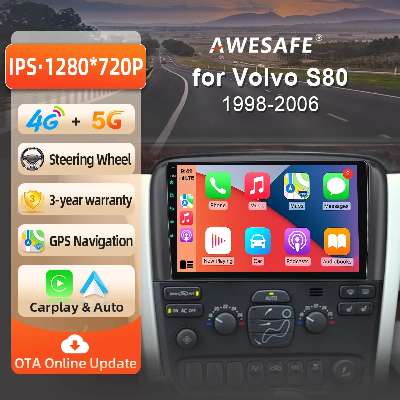 AWESAFE Radio Android de 9 pulgadas para Volvo S80 1998-2008, CarPlay inalámbrico y Android Auto, navegación GPS, soporte multimedia, control del volante, amplificador de subwoofer, cámara trasera, Plug and Play, DAB+, autoradio digital, radio de coche 2 DIN, estéreo, RDS, DSP, FM, WIFI, 4G, BT