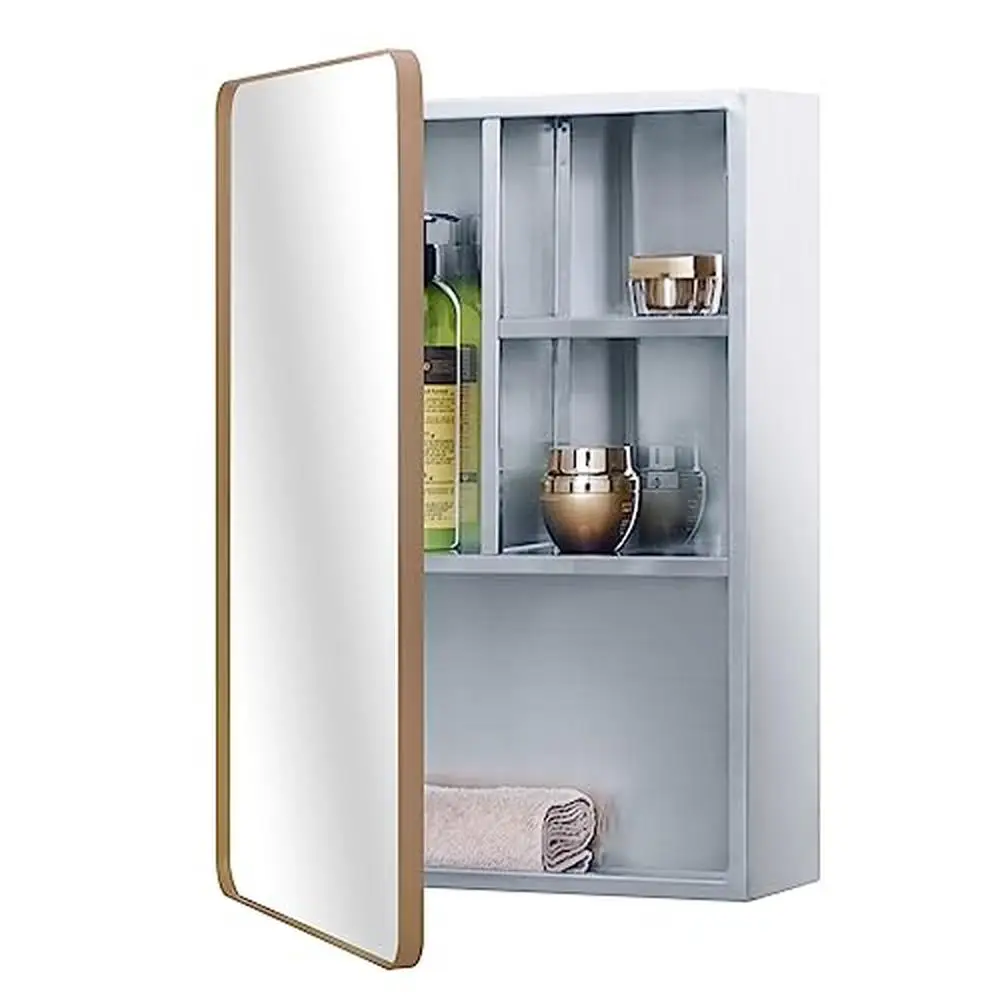 304-Grade Stainless Steel Medicine Mirror Cabinet with Multi-Shelves 15x21 inch Surface Mount Bathroom Cabinet Rose Golden Frame