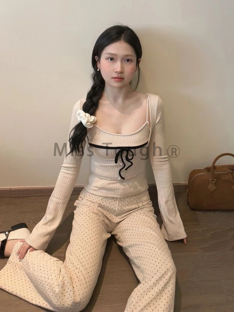 Elegant Knitted Two Piece Sets Sweater Top Women Harajuku Sweet Vintage Office Slim Pullovers Bow Korean Fashion Casual Tops New