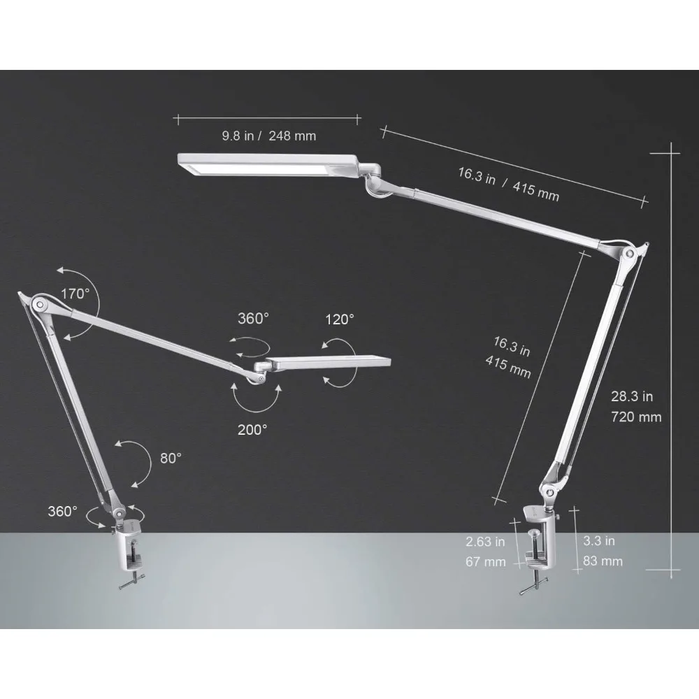 Lámpara de escritorio de arquitecto con brazo oscilante de metal de PHIVE LK-2: luz de banco de trabajo regulable con 4 modos y 6 niveles de brillo para el cuidado de los ojos