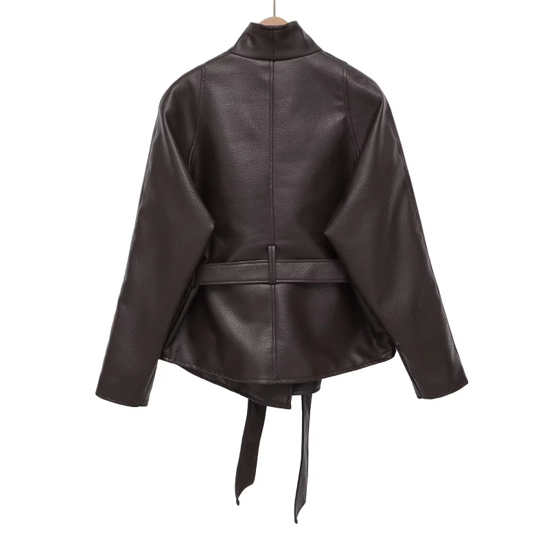 ETJ Damen PU-Leder Vintage Wickeljacke mit Gürtel, hochgeschlossener Kurzmantel, Frühjahr 2026, minimalistische Retro-Urban-Mode-Oberbekleidung – Detail 17