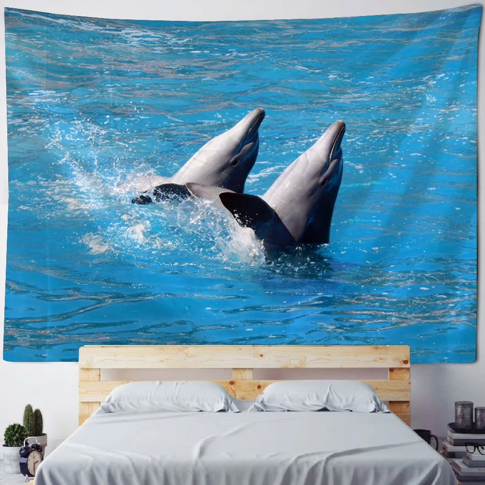 Dolphin tapestry wall hanging underwater world background fabric, Kawaii home bed sheets, children's room wall decoration