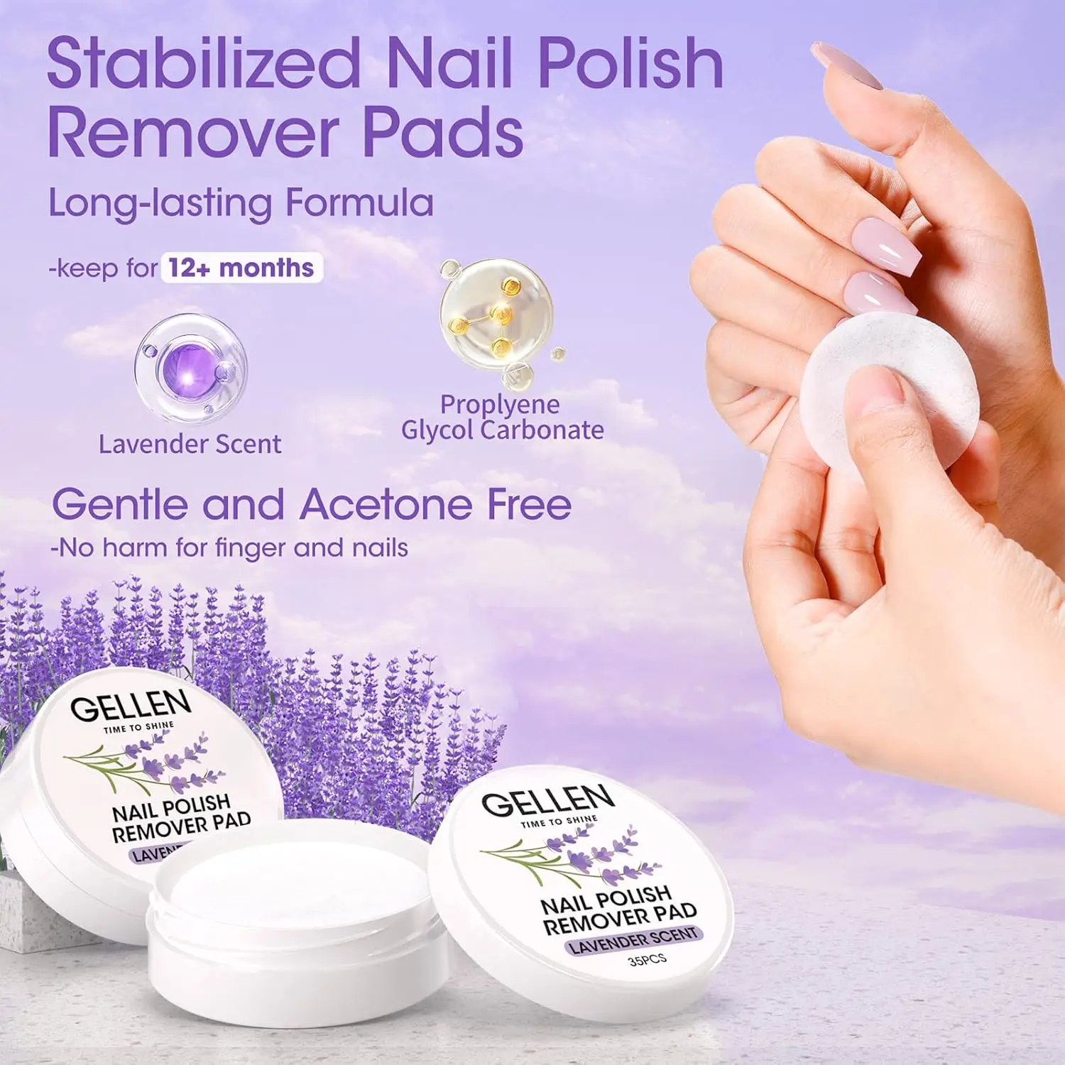GELLEN Nail Polish Remover Pads 140pcs Lavender Health Remover for Fingernail Toenail Long-lastion Nail Art Supplies Travel Bulk