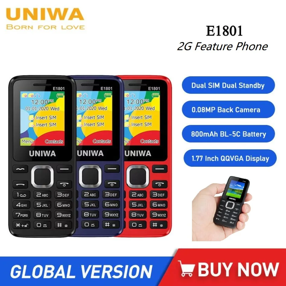 UNIWA E1801 Unlocked Button Phones 1.77Inch 800mAh 2G Feature Phone Dual SIM Standby Mobile Phone For The Old Wireless FM Radio