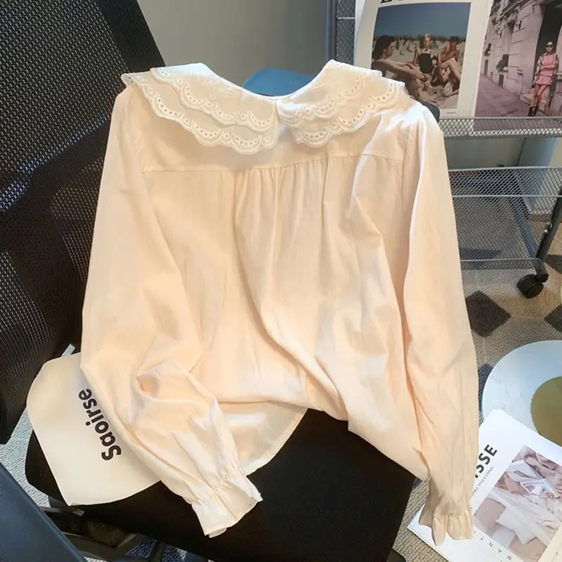 Camisa con cuello de muñeca de encaje francés, camisa base para mujer, camisa pequeña, fresca, dulce, holgada, top de estilo occidental