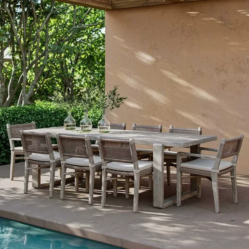 Vintage Retro Solid Wood Teak Outdoor Furniture Set Antique Style Garden Courtyard Sofa and Coffee Table Combination for
