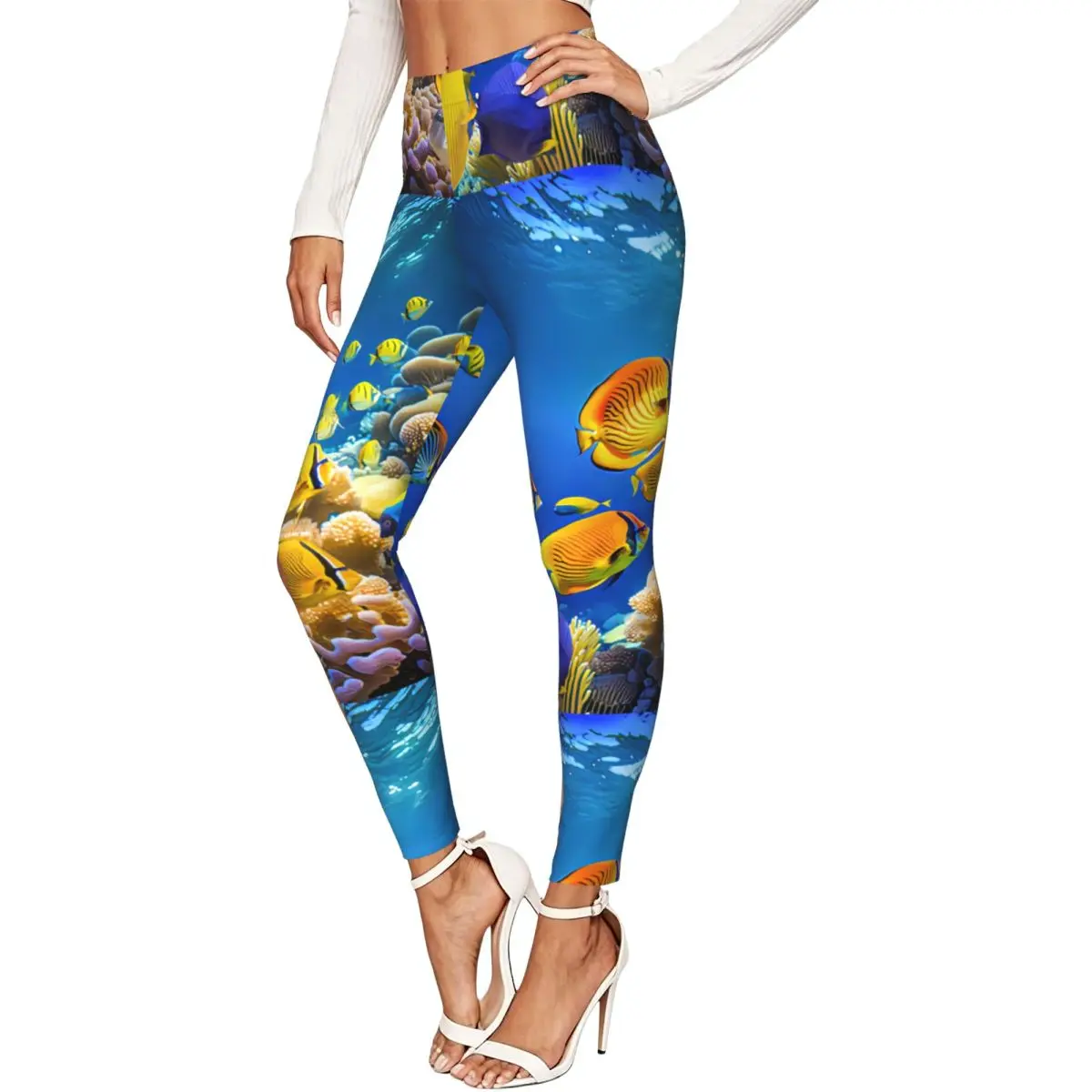 Casual Ladies Slim Leggings Magnificent Underwater Tropical Ocean Elastic High Waist Sports Daily Wear Trousers