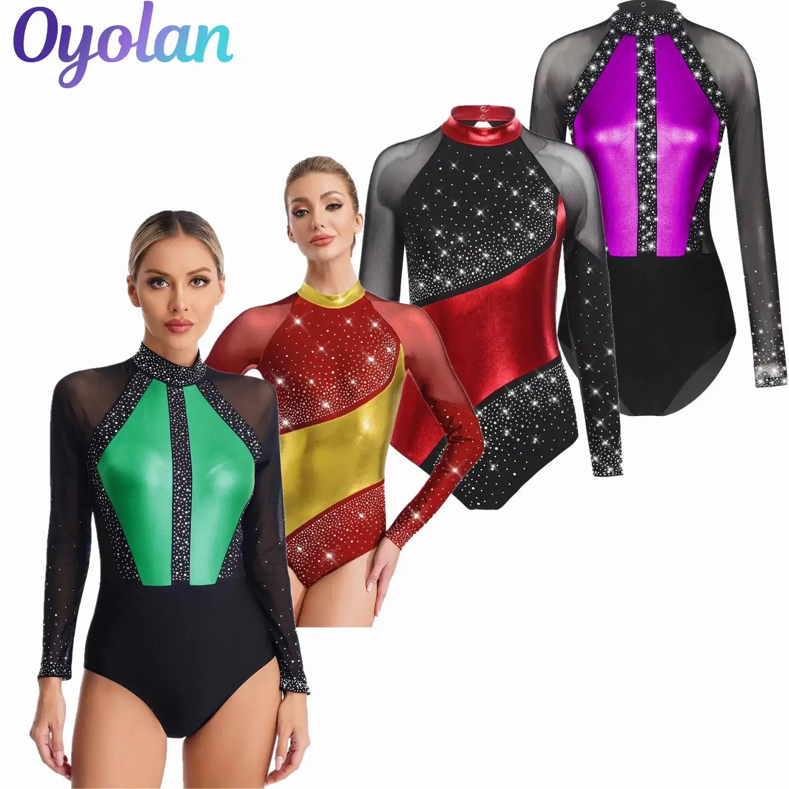 

Женский металлический гимнастический костюм для фигурного катания, танцевальный купальник, костюм для выступлений с воротником-стойкой и длинными рукавами, блестящие стразы, боди