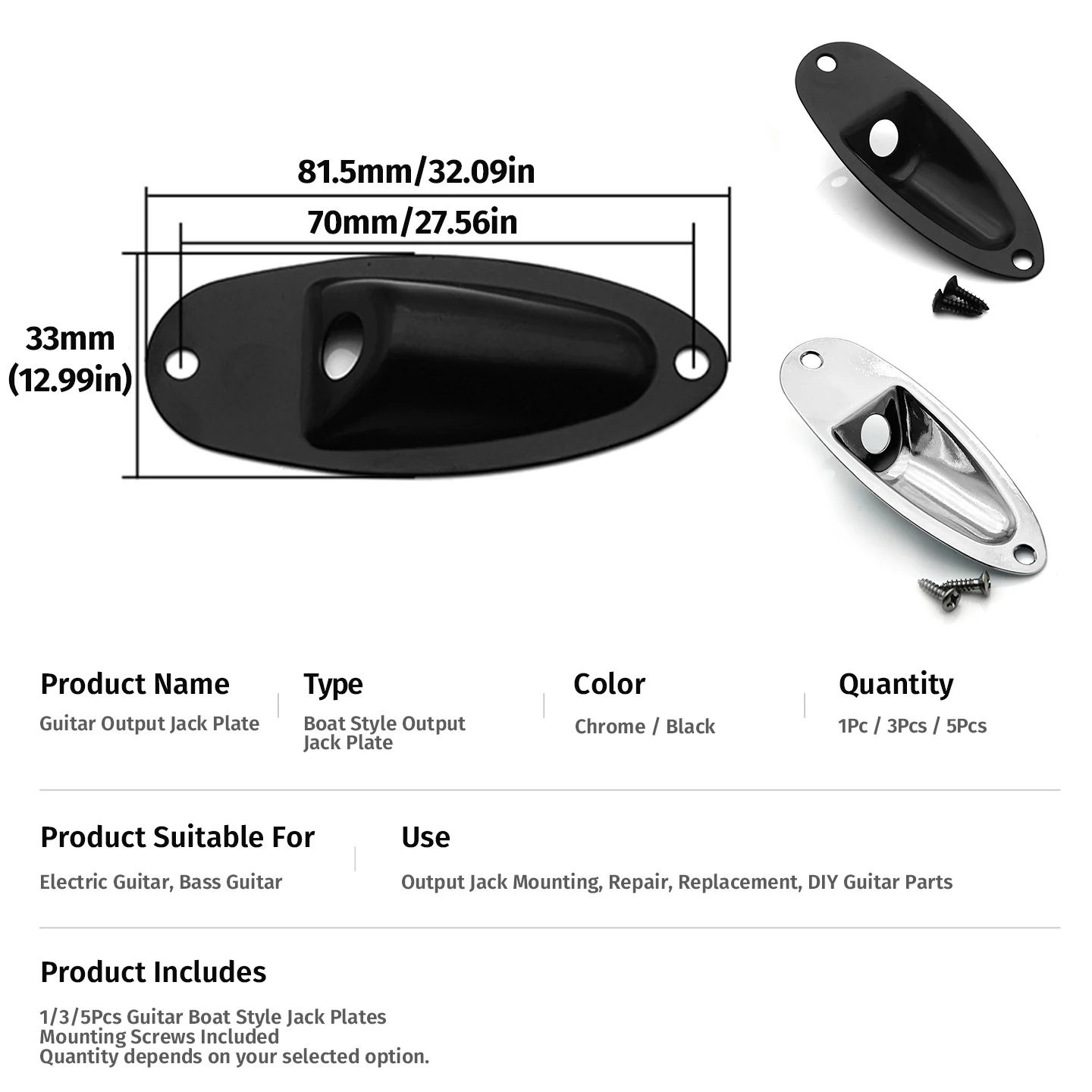 1/3/5Pcs Guitar 6.35mm Boat Style Jack Plate 1/4 Inch Output Input Socket Plate with Screws for Electric Guitar Bass Parts