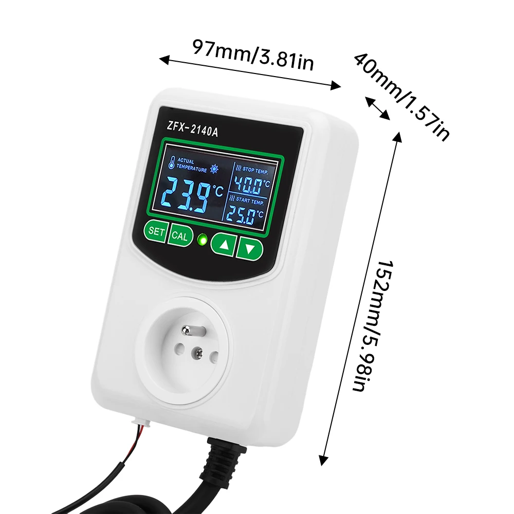 ZFX-2140A High-power LCD Digital Display Temperature Controller Socket EU Plug Thermostat NTC Sensor Probe -45~300 ℃