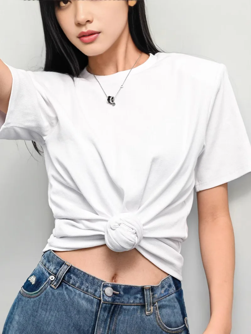 Y2K Knotted Twist Knitted Threaded Round Neck Top Women Fashionable and Versatile Navel Padded Shoulder Short-Sleeved T-Shirt