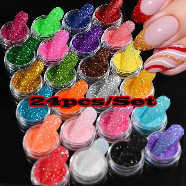 24pcs/Set Sparkly Holographic Fine Sugar Nail Powder Diamond Chrome Pigment Dust For Gel Polish Glitter Manicure Akcesoria