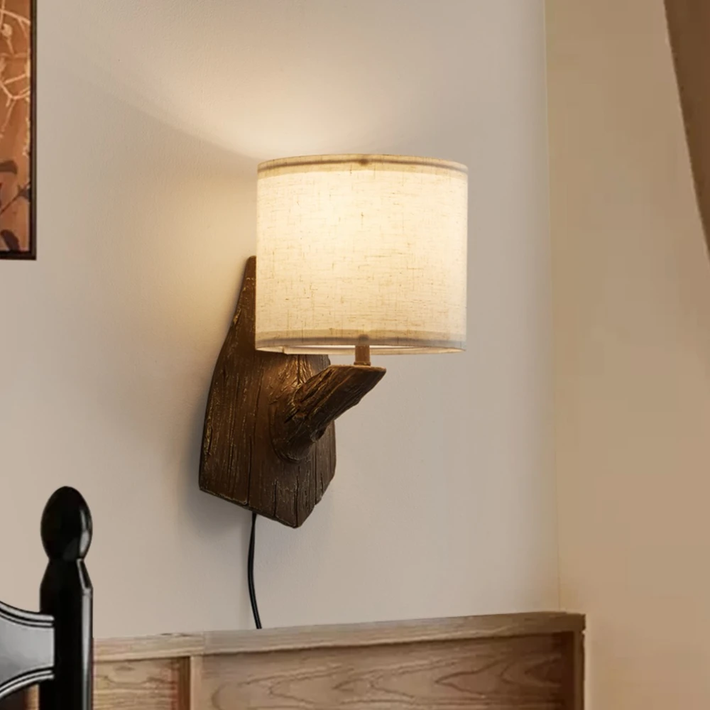 

Farmhouse Plug in Wall Sconce Vintage Bedside Wall Lamp with Fabric Shade for Bedroom Living Room Hallway Hotel Cafe Wall Light