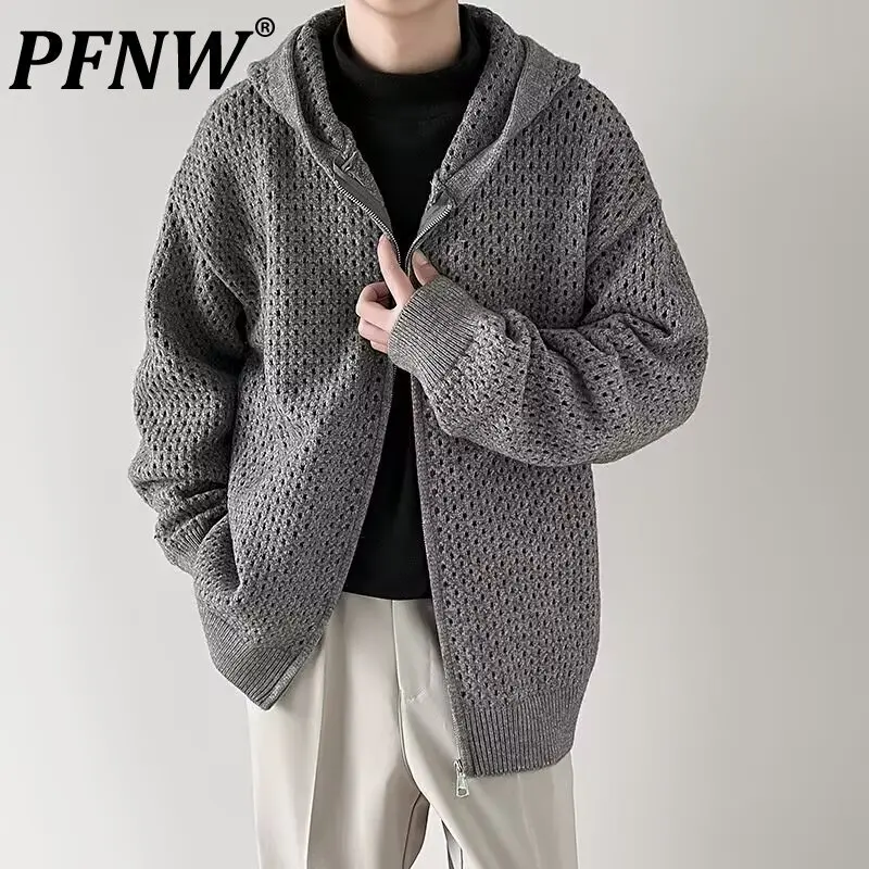 PFNW Autumn Hollow Out Design Hooded Cardigan Knitting Coat For Men Trendy Cardigan Sweater Loose Fit Knitting Clothes 12C1342