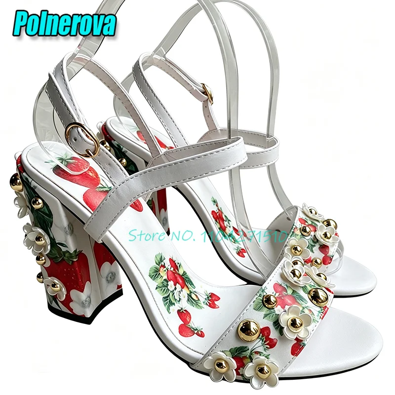 Rivet Flower Thick Heel Sandals Bohemian Fairy Round Toe Ankle Buckle High Heels Summer New Vacation Party Women's Shoes