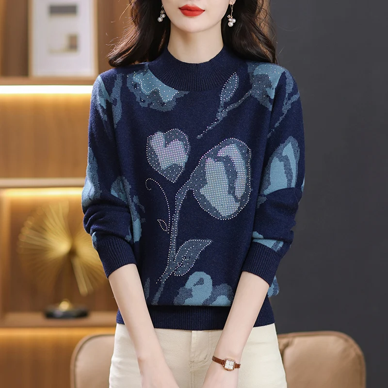 

Новая вязаная зимняя одежда, женский винтажный трикотаж с принтом, топы, пуловеры, женский свитер с высоким воротником, весенне-осенний джемпер, женский
