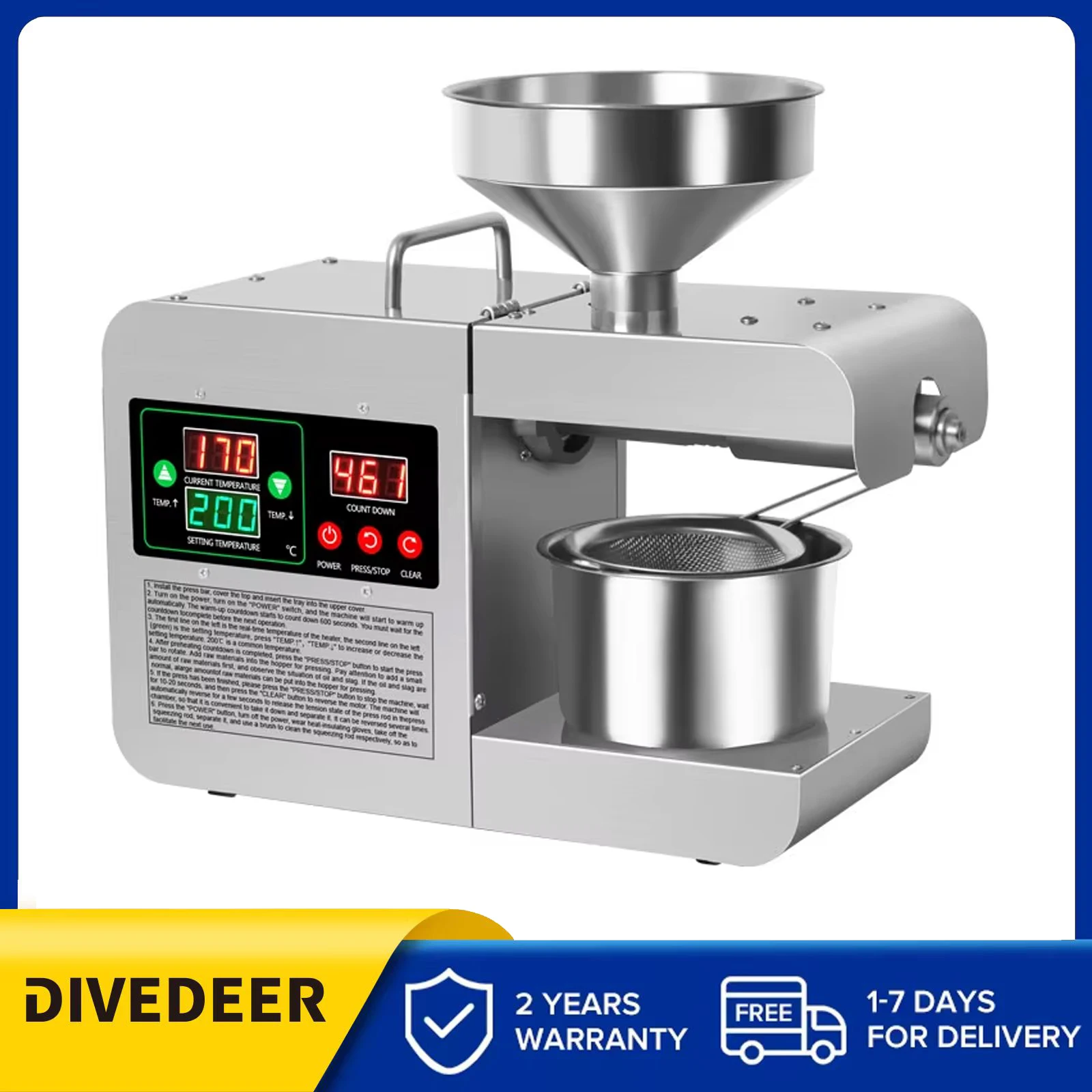 DIVEDEER Intelligente Ölpresse, automatische Haushalts-Edelstahl-Heiß- und