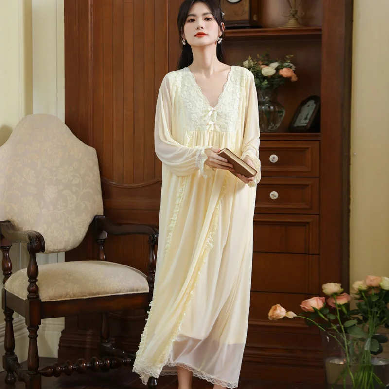 Women\'s Princess Retro Palace Style Pajamas Pure Cotton Long Sleeve Lace Nightgown Casual Pajamas Home Clothes