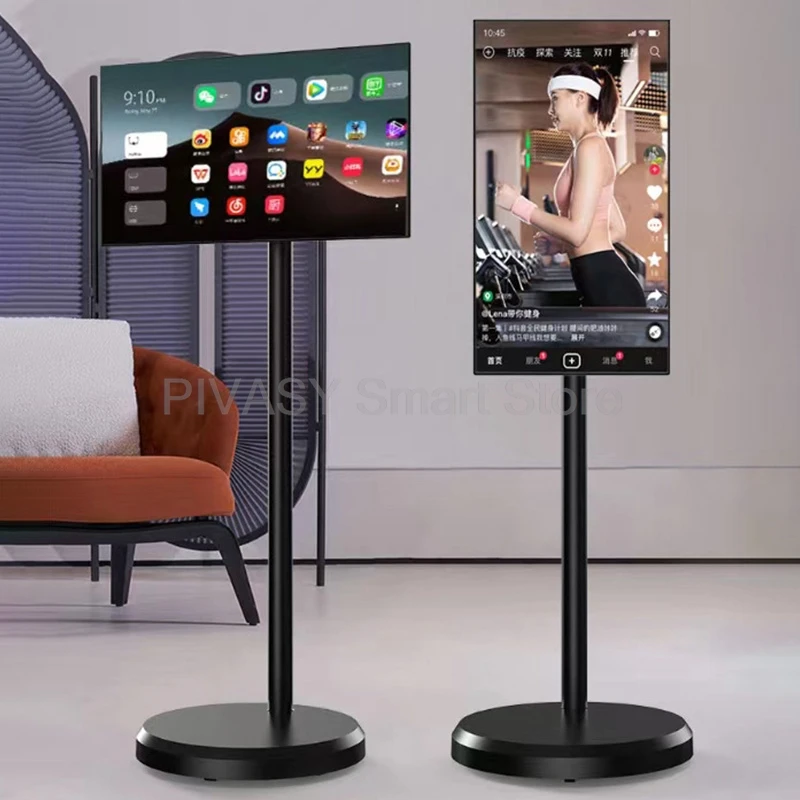 شاشة تعمل باللمس 23.8 بوصة Android Smart TV جهاز طاقة البطارية شاشة متحركة قابلة للتدوير باللون الأبيض مع حامل أرضي للعيش في الهواء الطلق