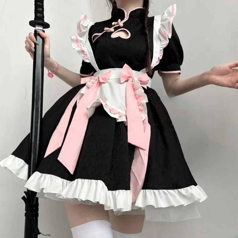 Disfraces de sirvienta de estilo chino, vestido Cheongsam rosa dulce de Anime Lolita, traje de sirvienta de juego de rol para espectáculo de animación de Halloween para colegiala