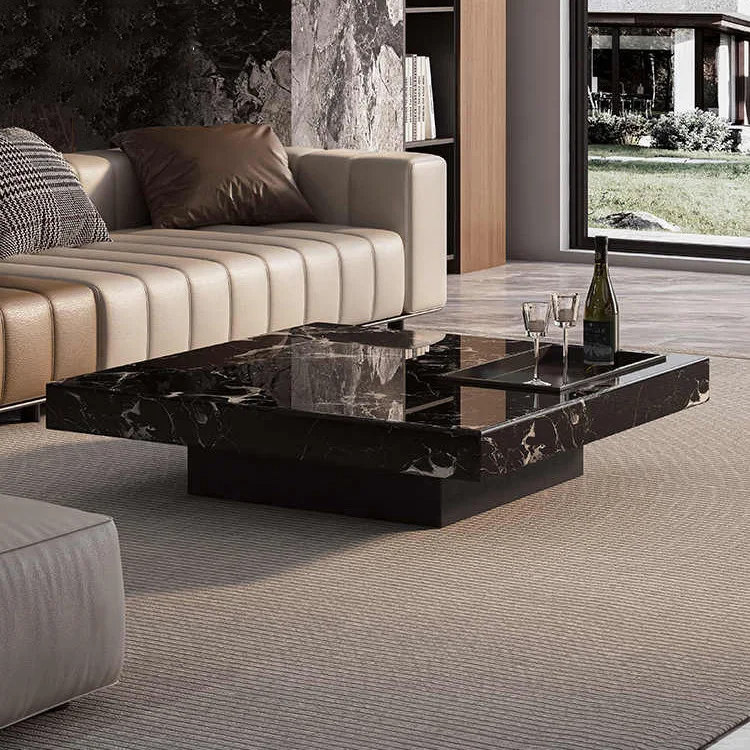 

Natural Black Marble Coffee Table Italian Minimalist Light Luxury High-end Living Room Square Suspended Luxury Stone